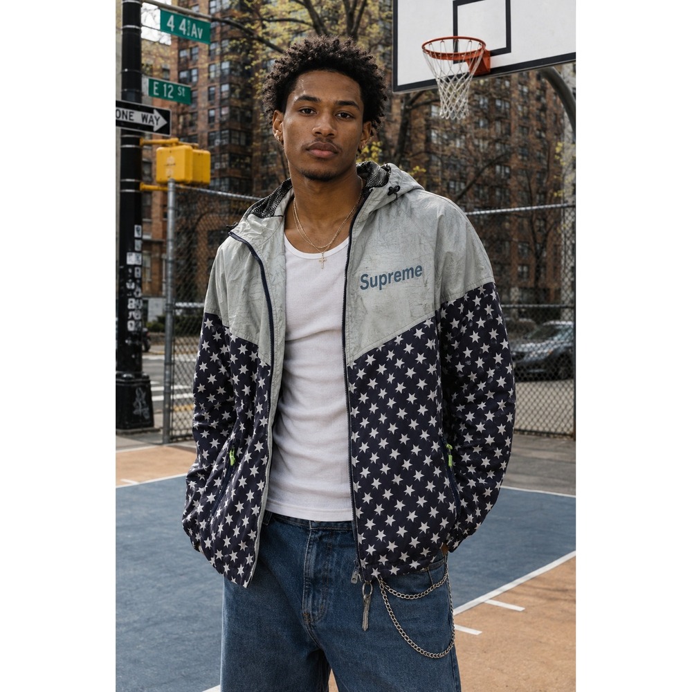 Supreme Stars Reflective Windbreaker Jacket M Navy Silver / Zipper Missing